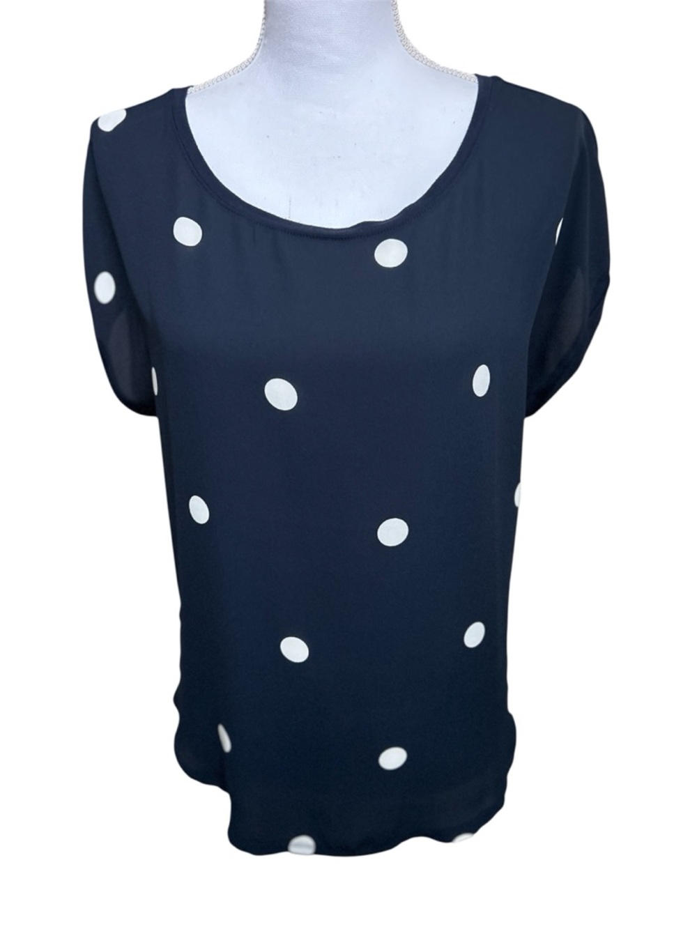 LOFT Navy Blue Polka Dot Short Sleeve Blouse